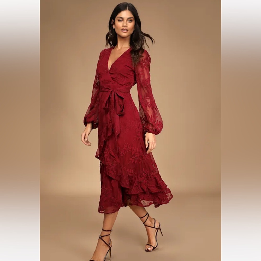 Lulu's Spectacular Feeling Burgundy Embroidered Faux Wrap Midi Dress